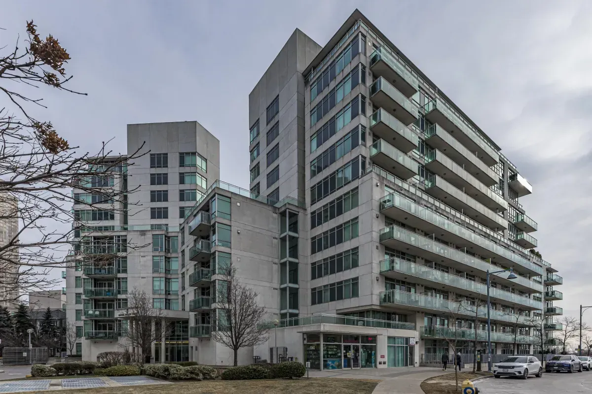 The modern glass and brick exterior of Grenadier Landing located at 5 Marine Parade Dr #630, Etobicoke.