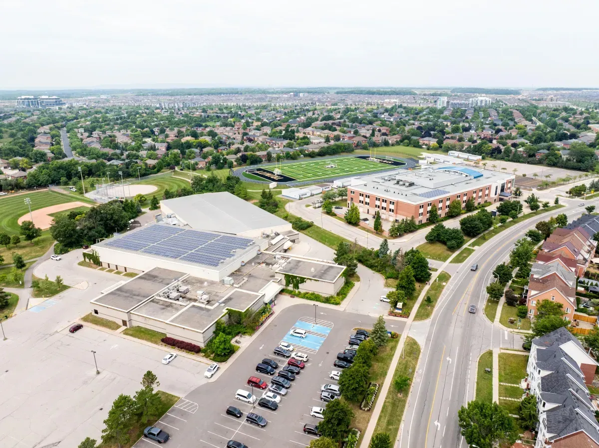 High-altitude view of the family-friendly River Oaks neighborhood near 2286 Margot St, Oakville, highlighting the abundance of green space.