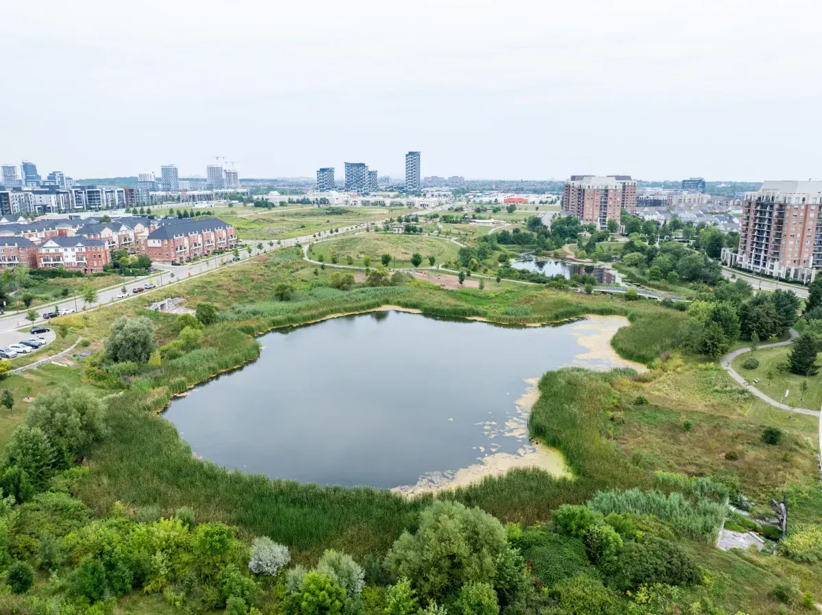 Beautiful aerial view of the neighborhood pond and natural conservation areas near 2286 Margot St, Oakville.