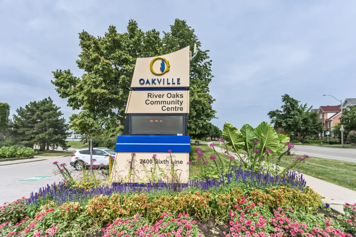 The iconic River Oaks Community Centre entrance, situated in the immediate backyard of 2286 Margot St, Oakville.