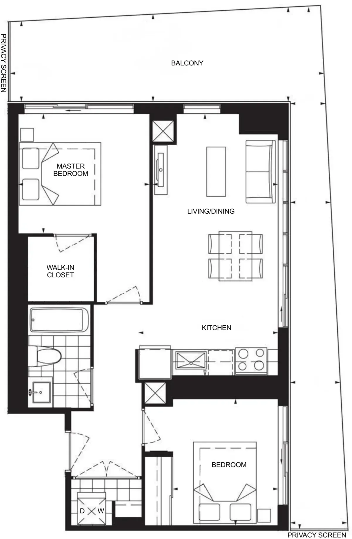 Floor plan for 56 Annie Craig Dr #3408, a sun-filled 2-bedroom, 1-bath corner suite at Lago at the Waterfront.