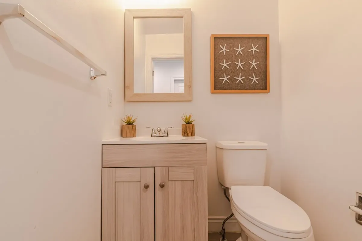 Renovated main floor powder room at 110 Holliday Dr with a light wood vanity and modern mirror.
