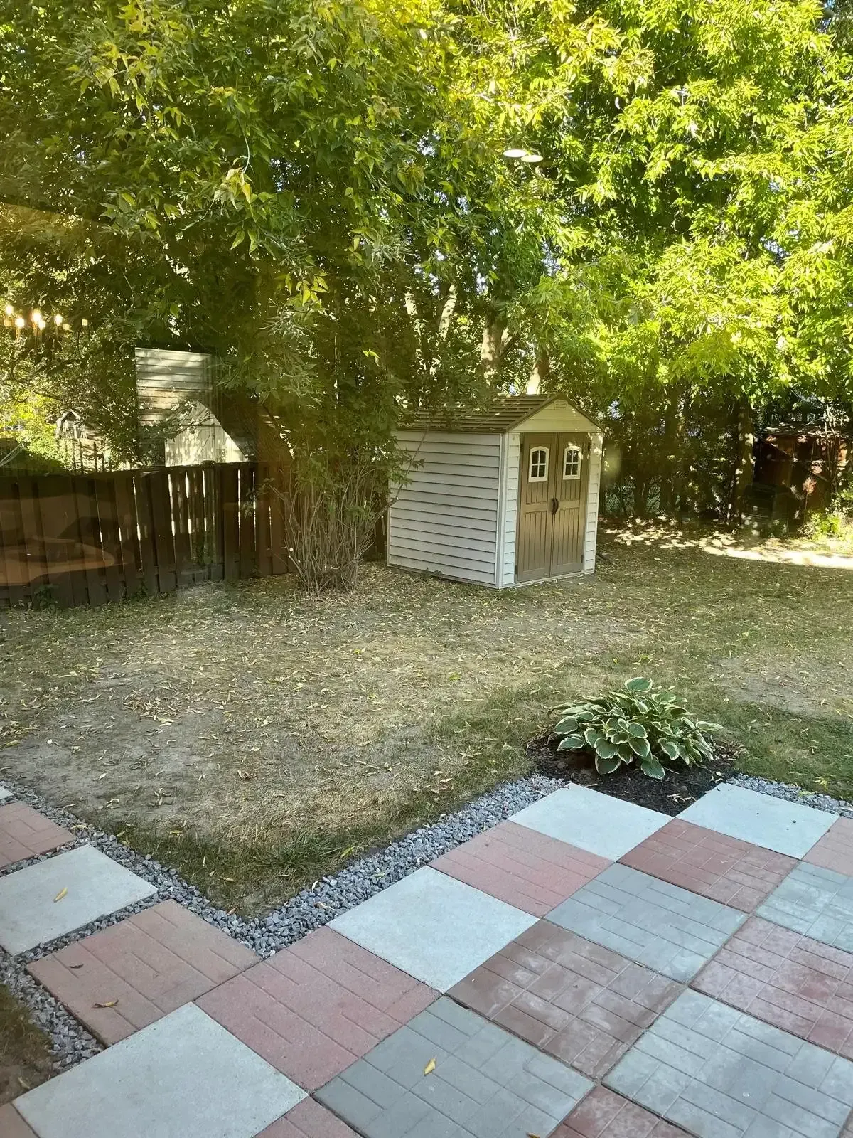 Backyard view at 110 Holliday Dr showing the garden shed and mature trees for privacy.