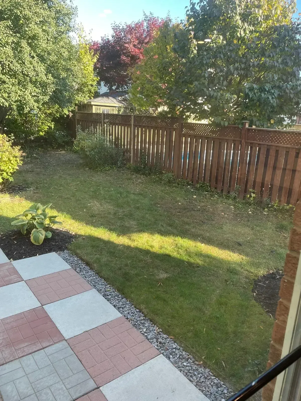 Aerial-style view of the private backyard at 110 Holliday Dr with stone pavers and green space.