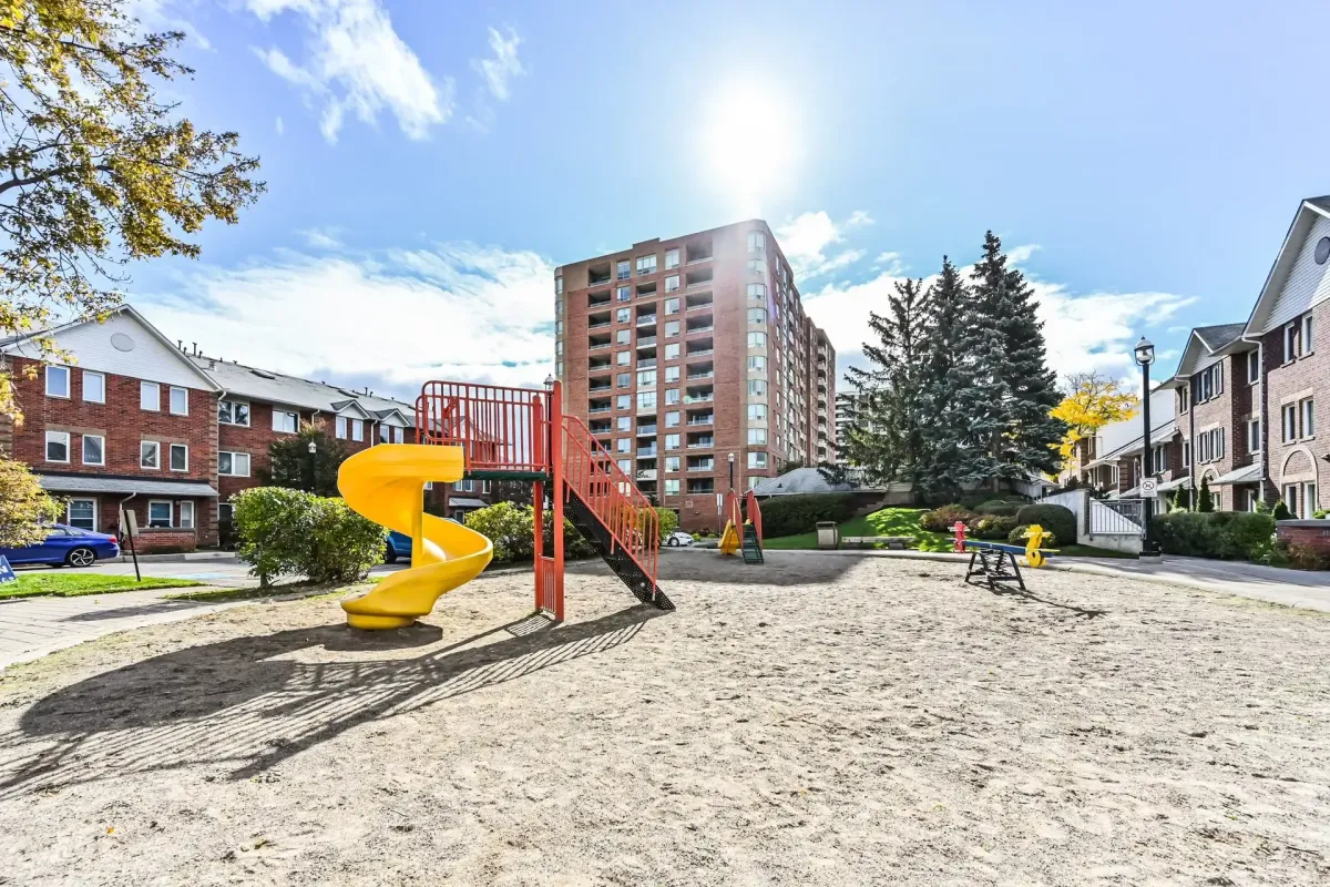 Gated community playground and park area at Plaza Del Sol, 900 Steeles Ave W #112.