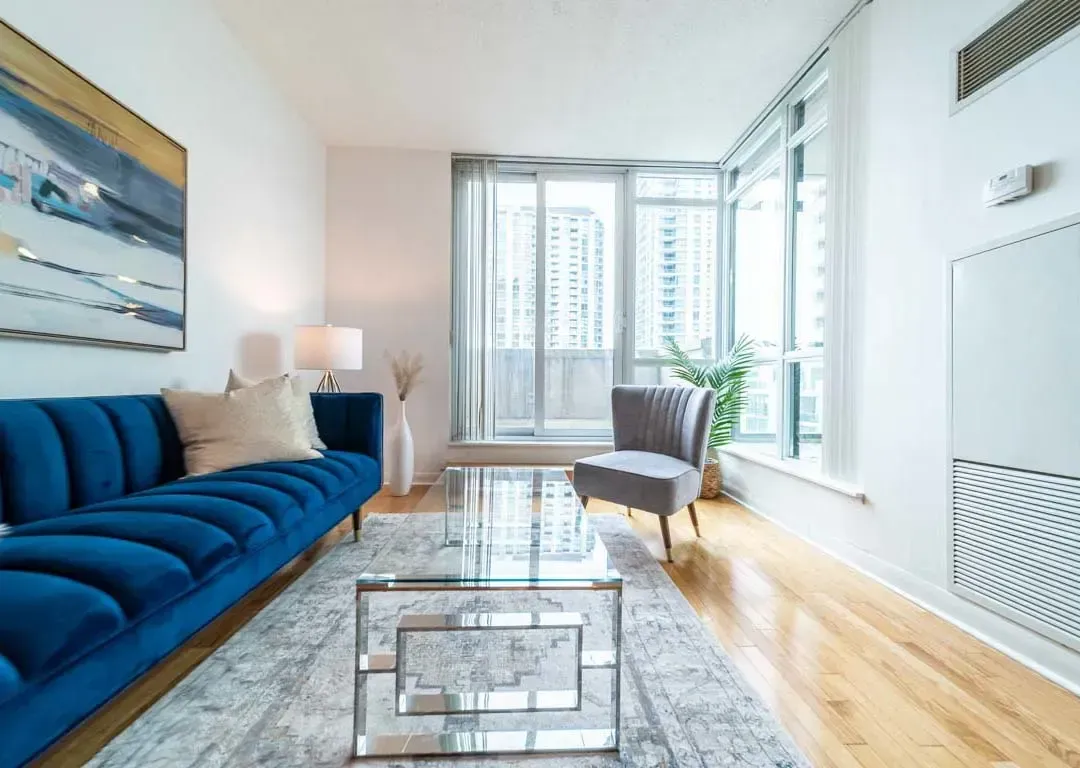 Sun-filled sitting area at 235 Sherway Gardens Rd #401 overlooking the urban skyline of Etobicoke.