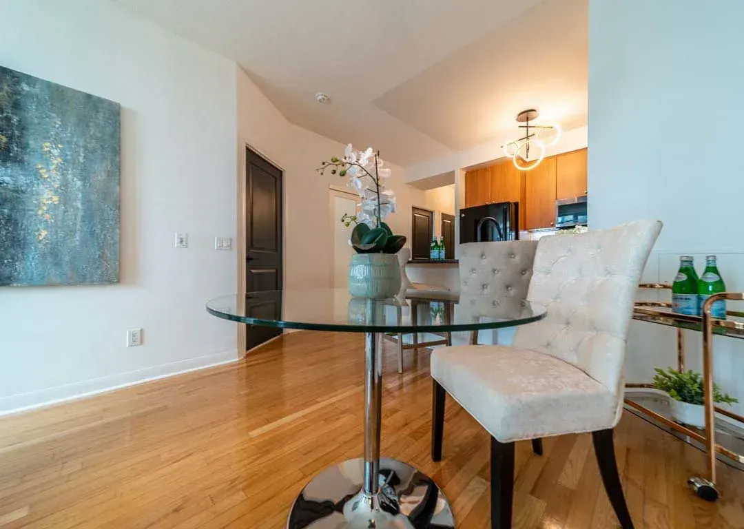 Transition view from the dining room to the kitchen at 235 Sherway Gardens Rd #401.