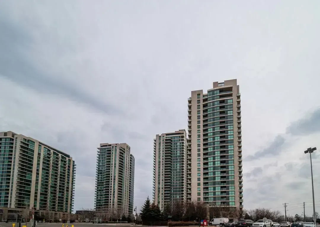 Distant view of the One Sherway residential complex at 235 Sherway Gardens Rd.