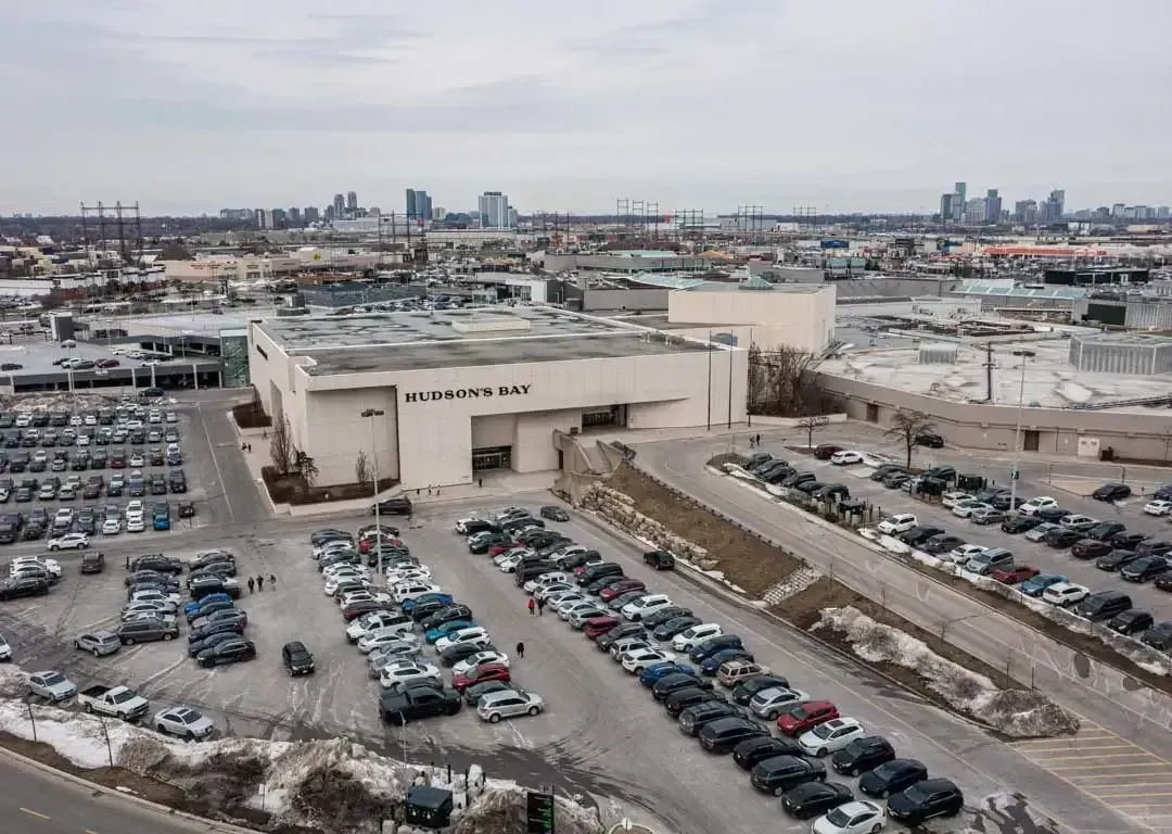 Aerial view of the CF Sherway Gardens shopping mall located directly across from 235 Sherway Gardens Rd.