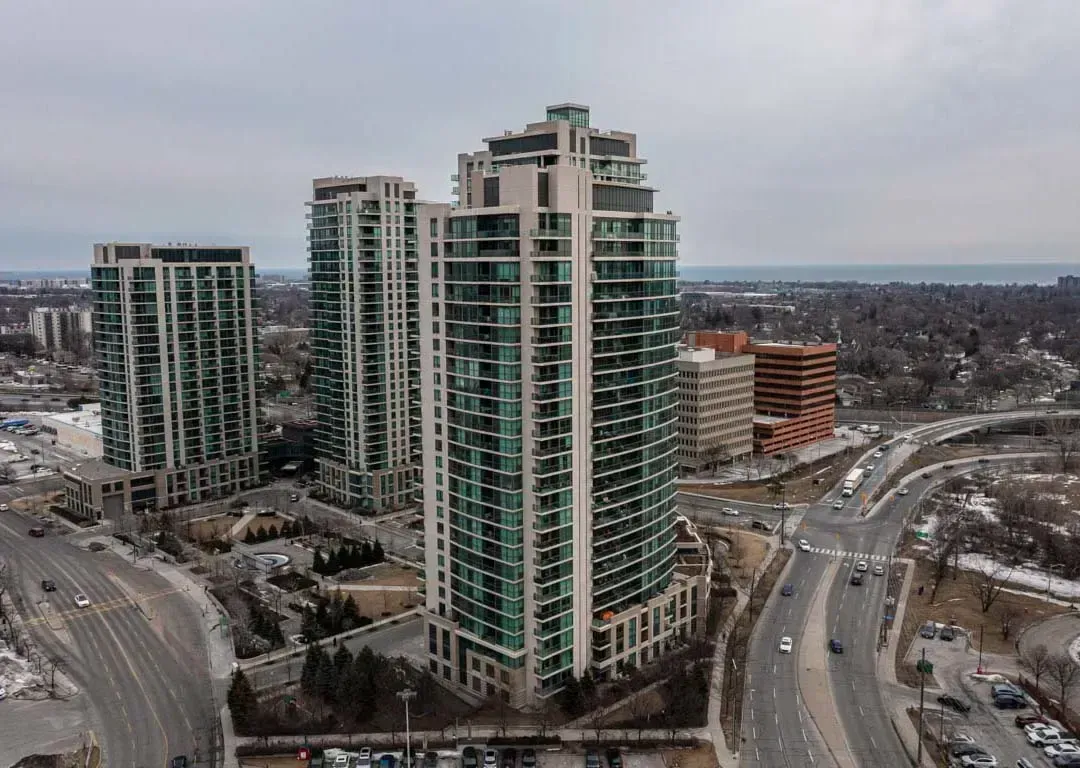 Aerial view of the One Sherway condominium towers at 235 Sherway Gardens Rd and surrounding highways.