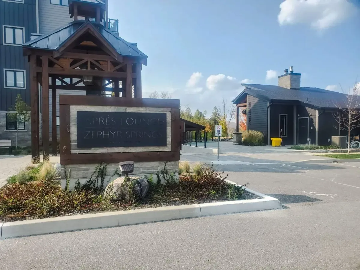 Entrance sign for Zephyr Springs, the exclusive Nordic spa facility for 11 Beausoleil residents.