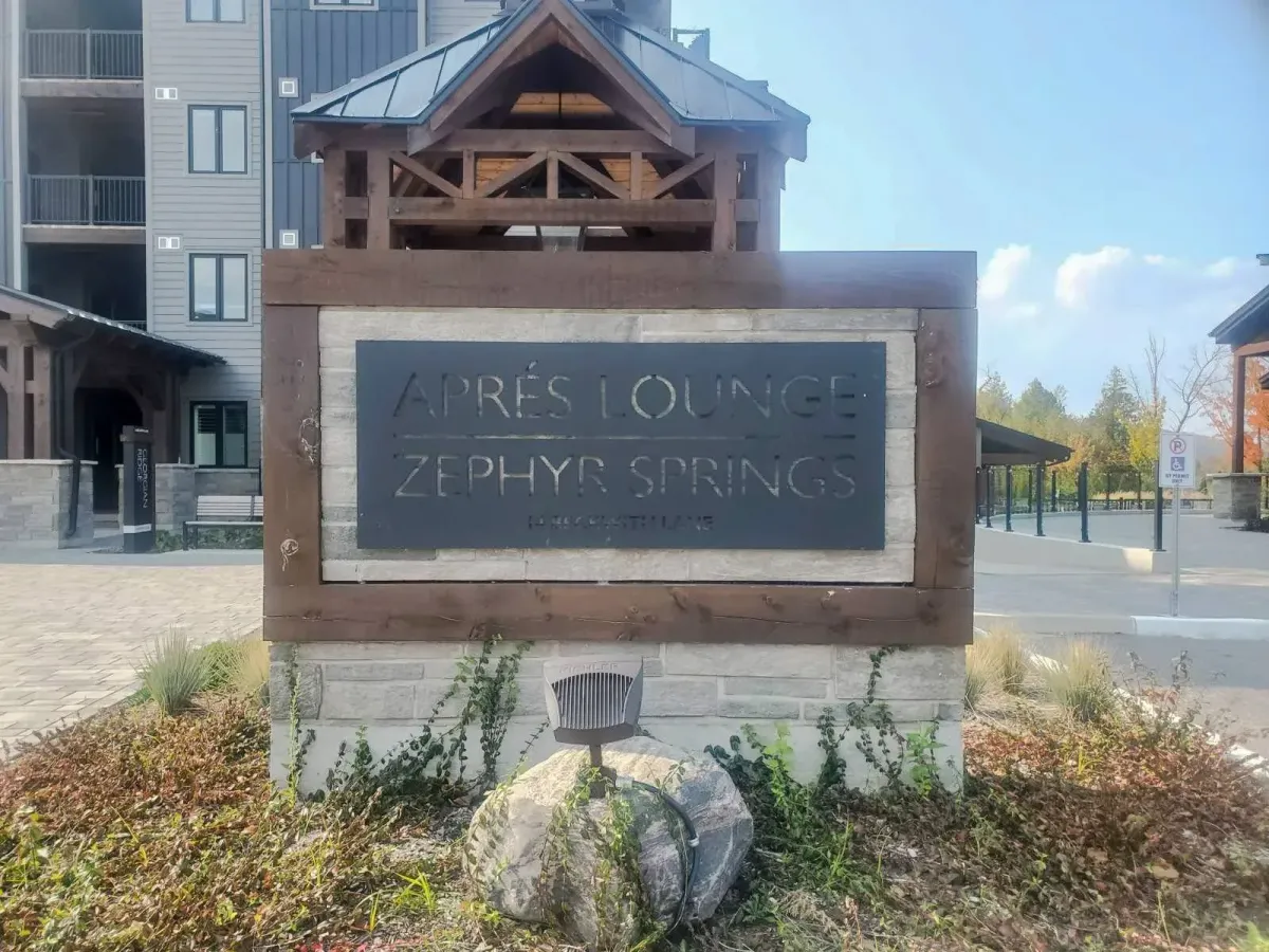 Signage for the Zephyr Springs Nordic-inspired oasis at the 11 Beausoleil condo complex.