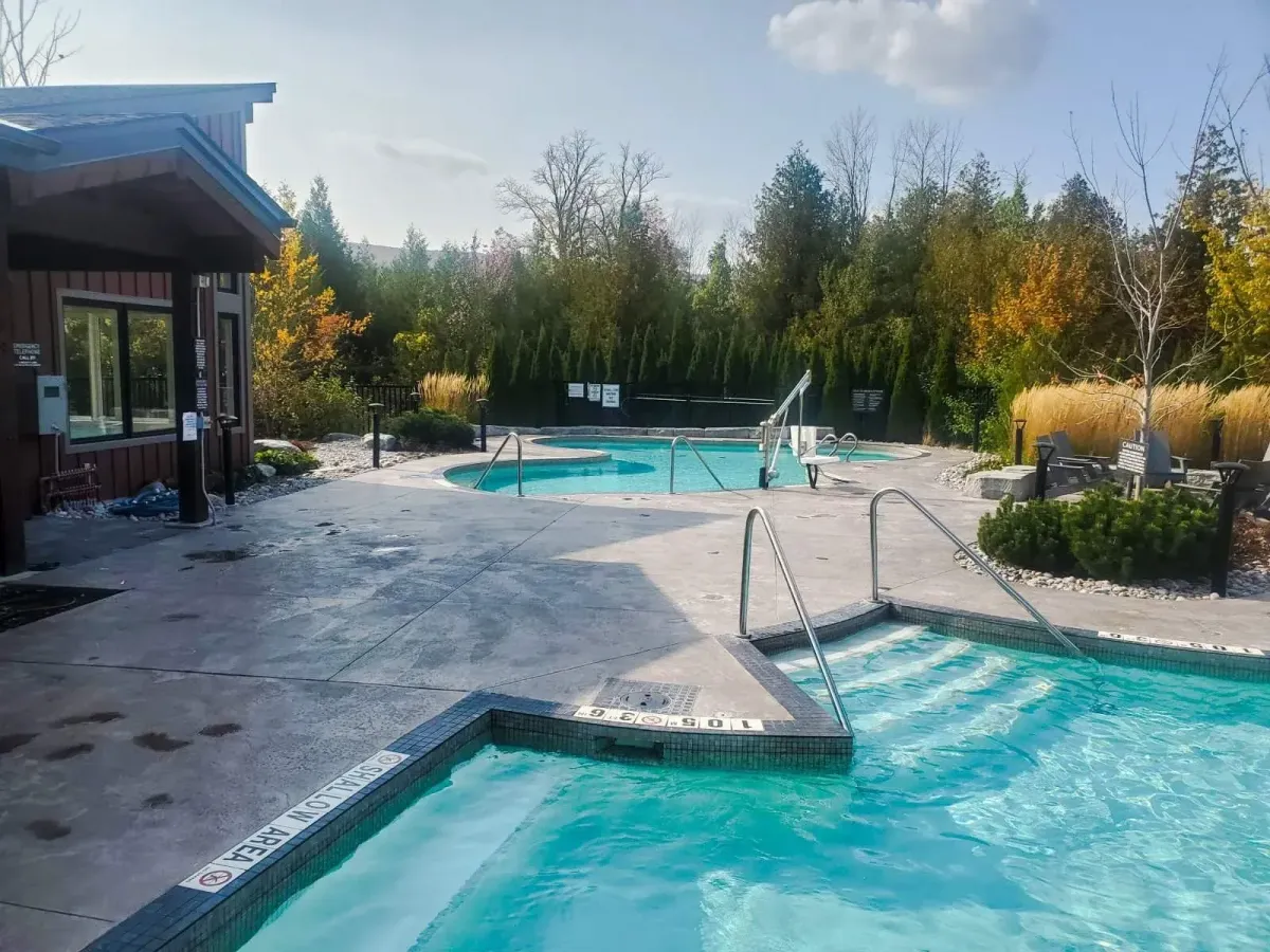 Wide view of the Zephyr Springs aquatic centre and fitness facility at 11 Beausoleil.