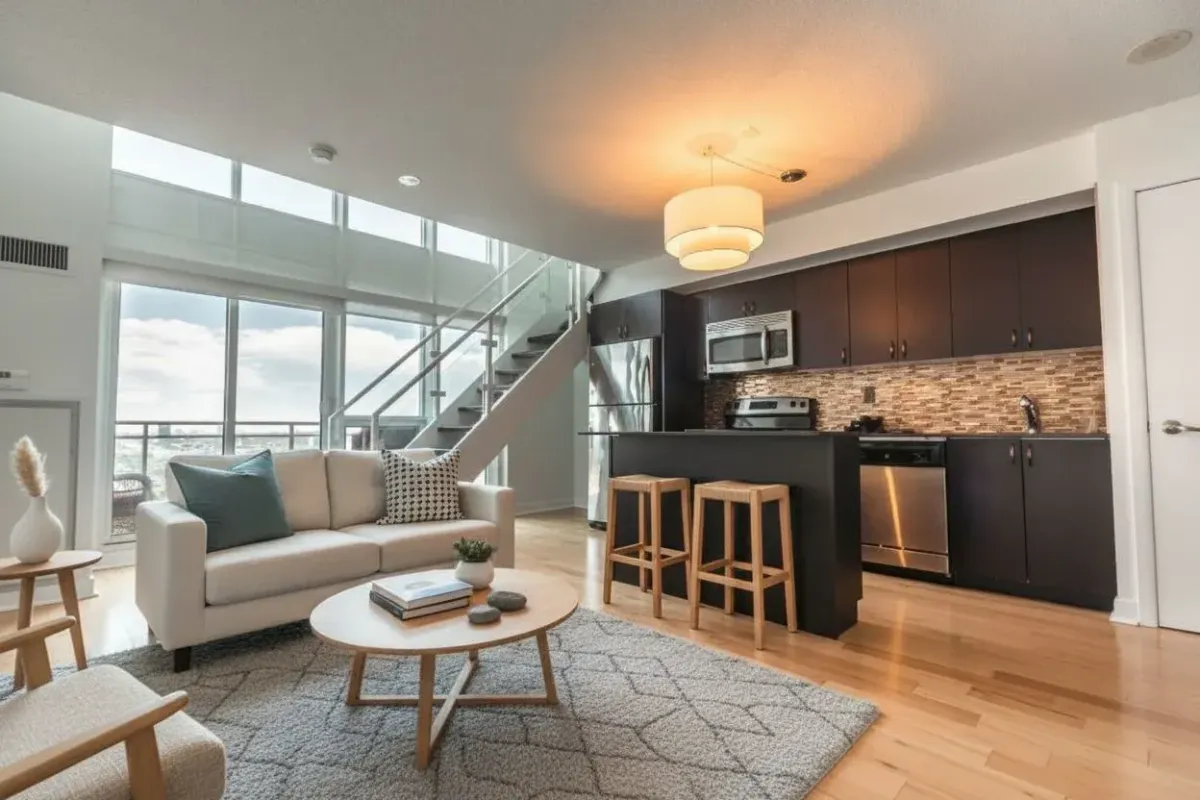 Open-concept main floor at 155 Legion Rd N #2311 featuring a modern kitchen with a granite breakfast bar and a bright living area.