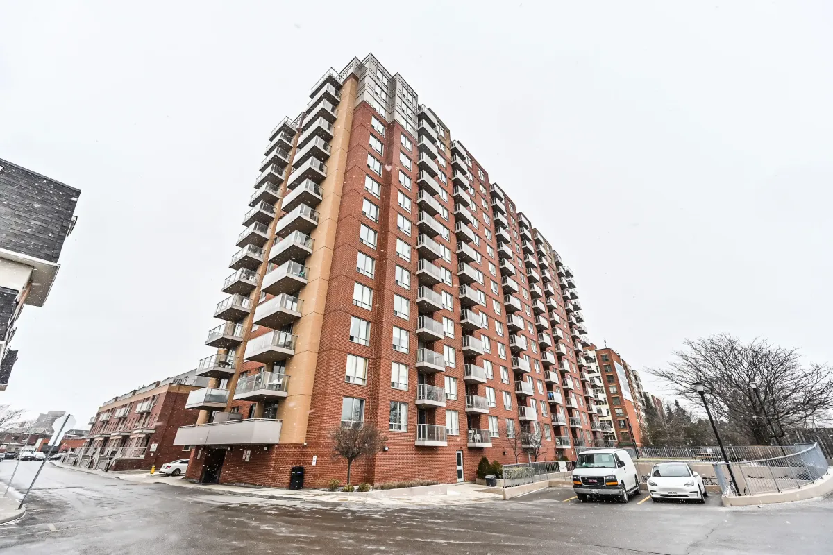Street-level exterior view of the beBloor condominium building at 1369 Bloor St W, Suite 1416, in Toronto’s Junction Triangle.