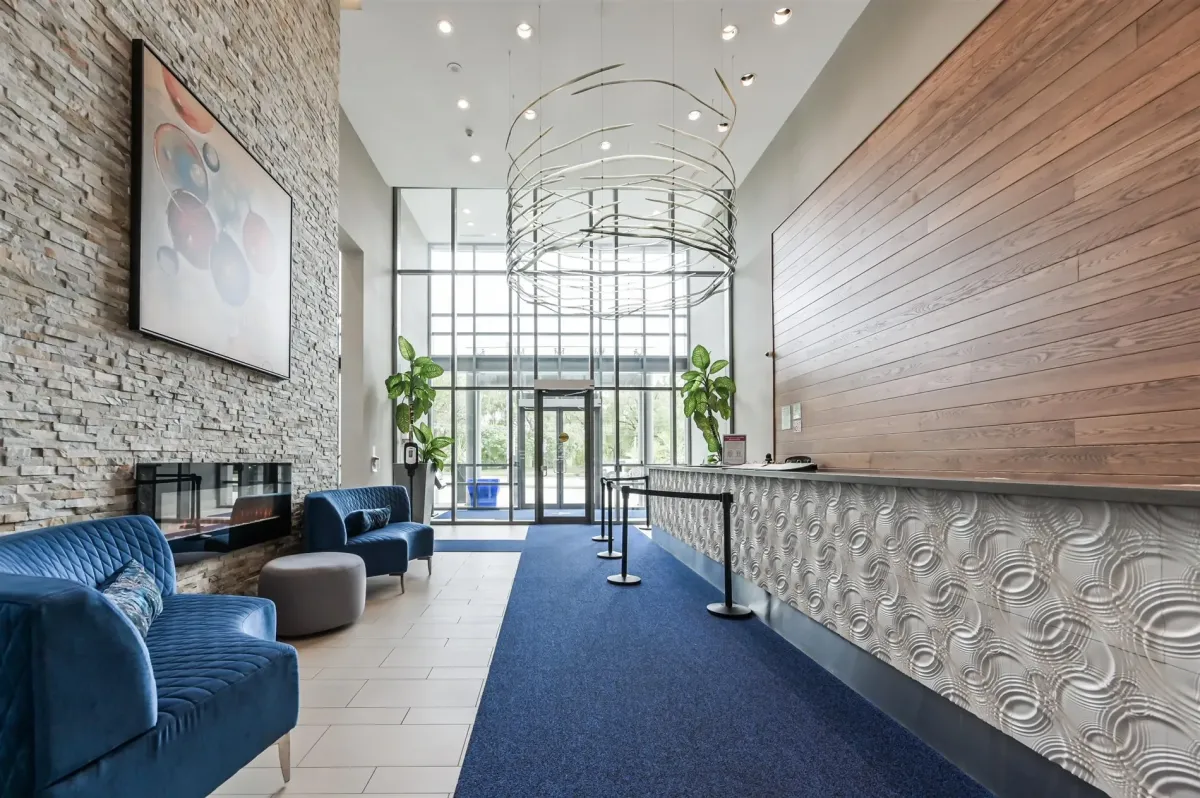Modern designer lobby with 24-hour concierge at 2230 Lake Shore Blvd West.