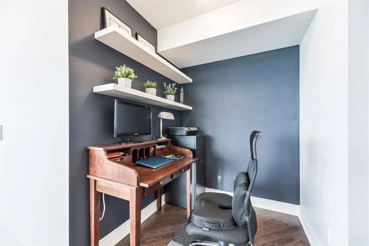 open concept den with office space perfect for working from home