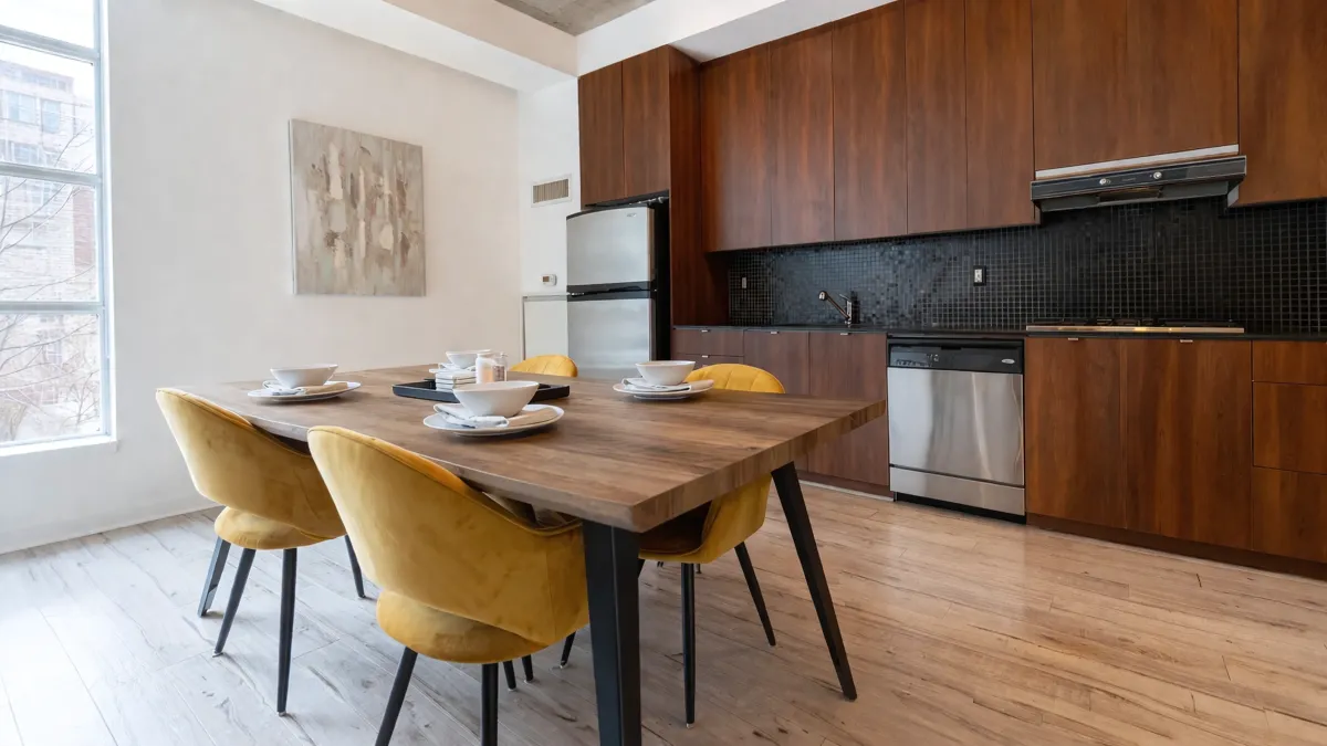 Open concept dining room and kitchen at Quad Lofts
