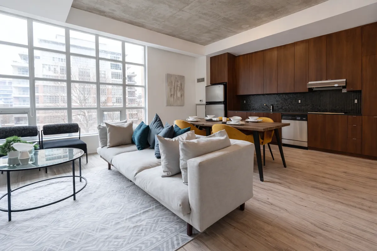 Large living and dining area at Quad Lofts
