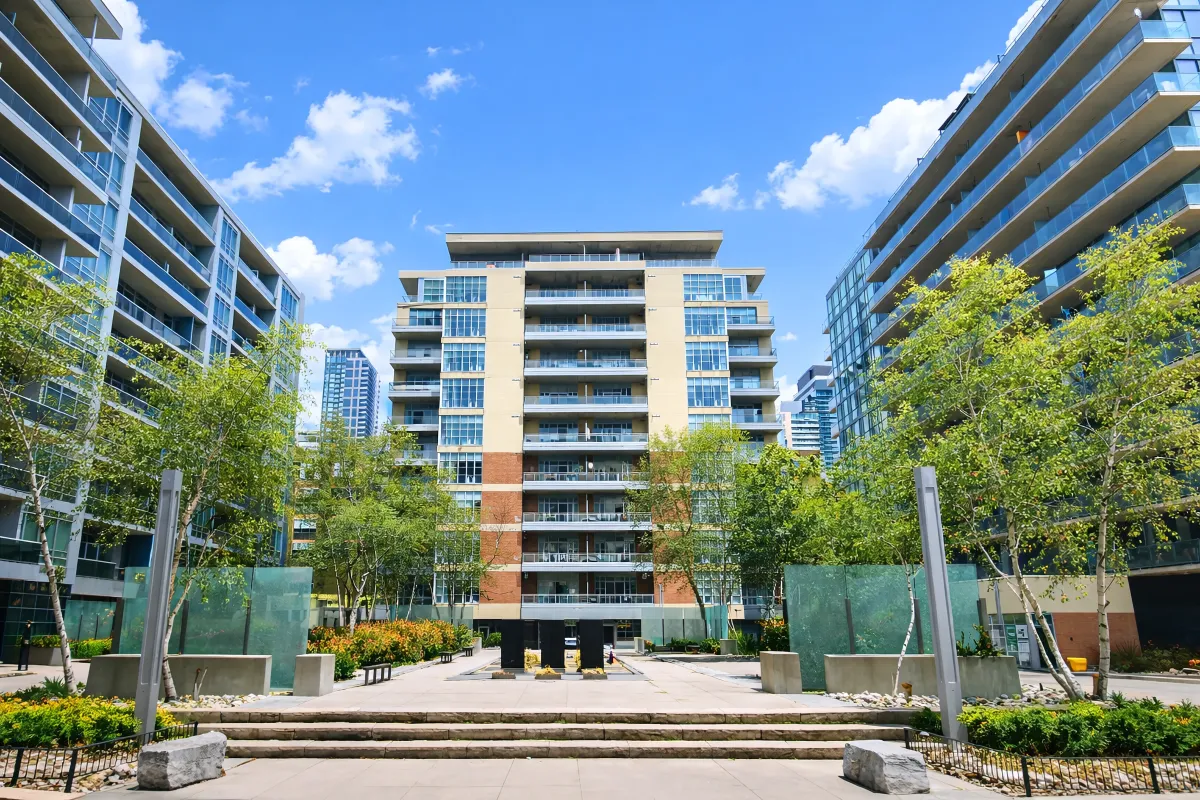 exterior view of the luxury boutique condo building at 23 Brant Street in Toronto’s Fashion District.