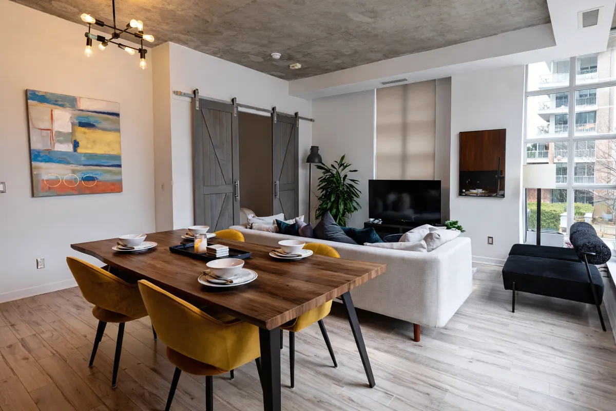 Large open concept living room and dining room at Quad Lofts