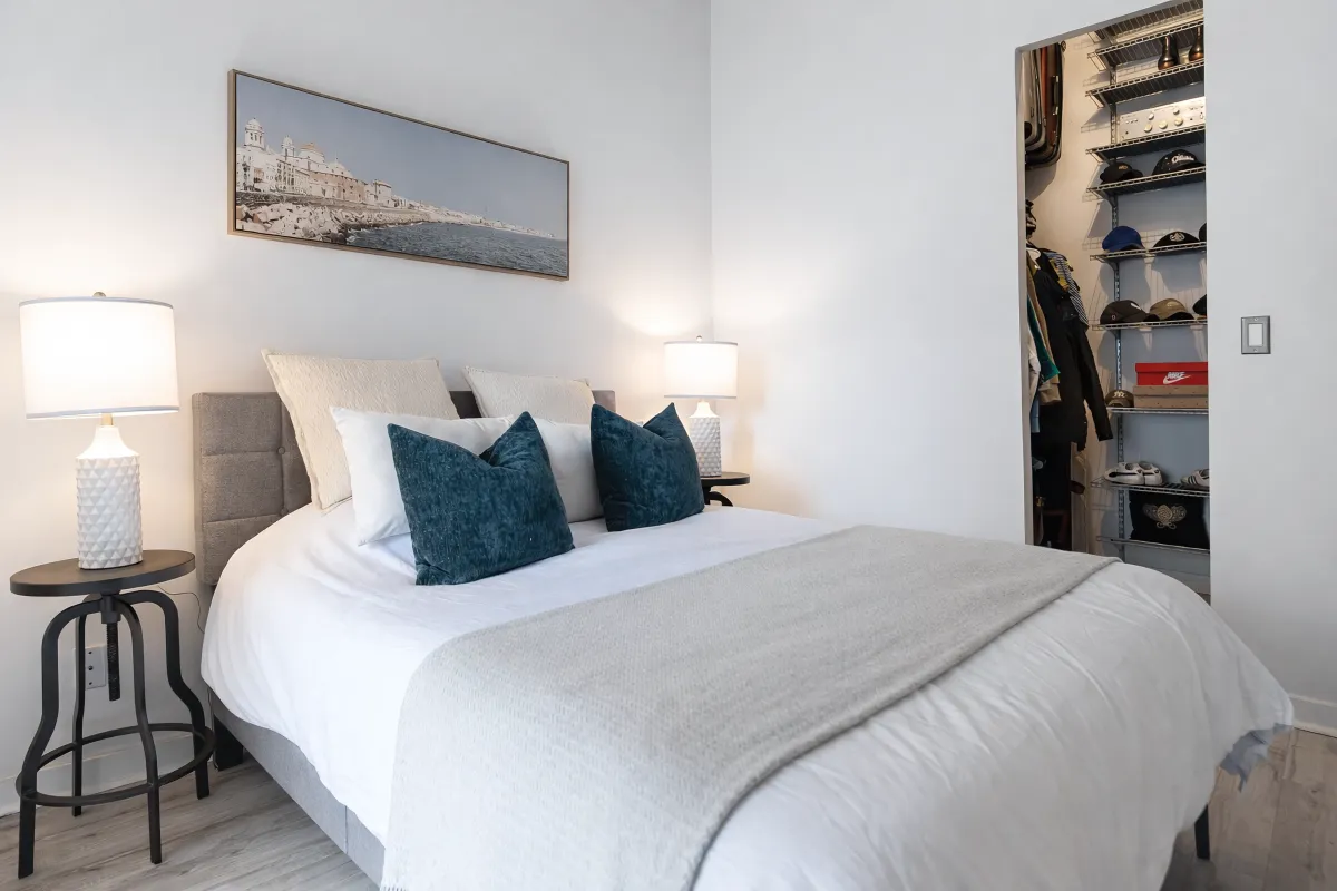 Bedroom with 2 side tables, walk-in closet and barn doors