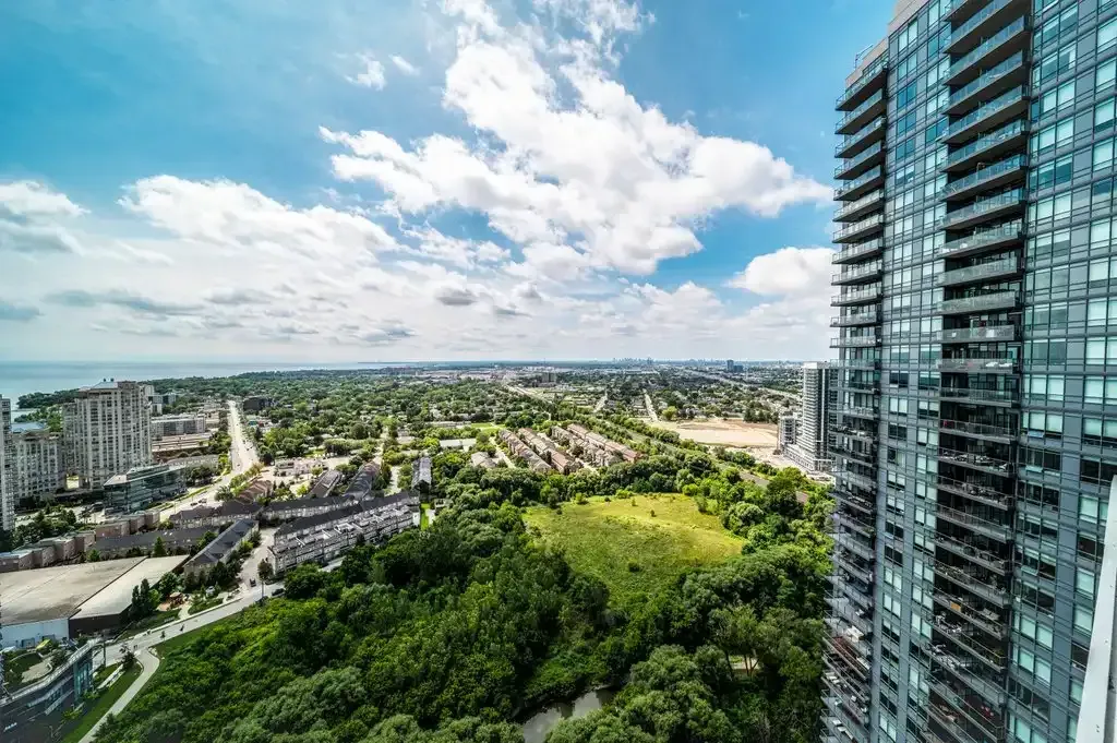 Unobstructed view of the surrounding greenery from the 34th floor of 10 Park Lawn Rd, Unit 3402.