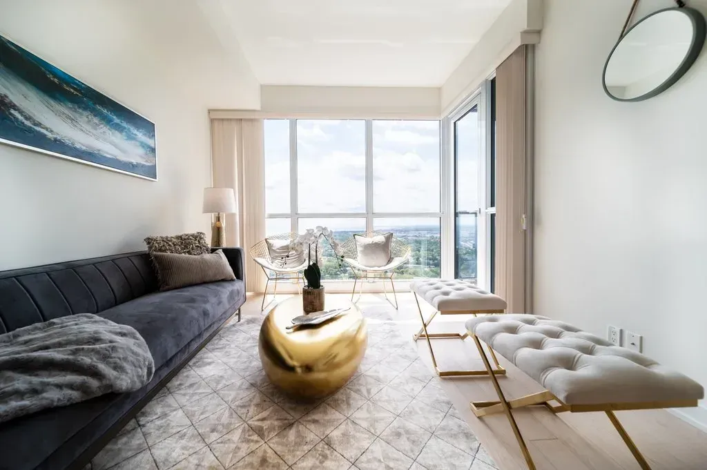 Full view of the 10 Park Lawn Rd, Unit 3402 living area highlighting the "million-dollar" window views.