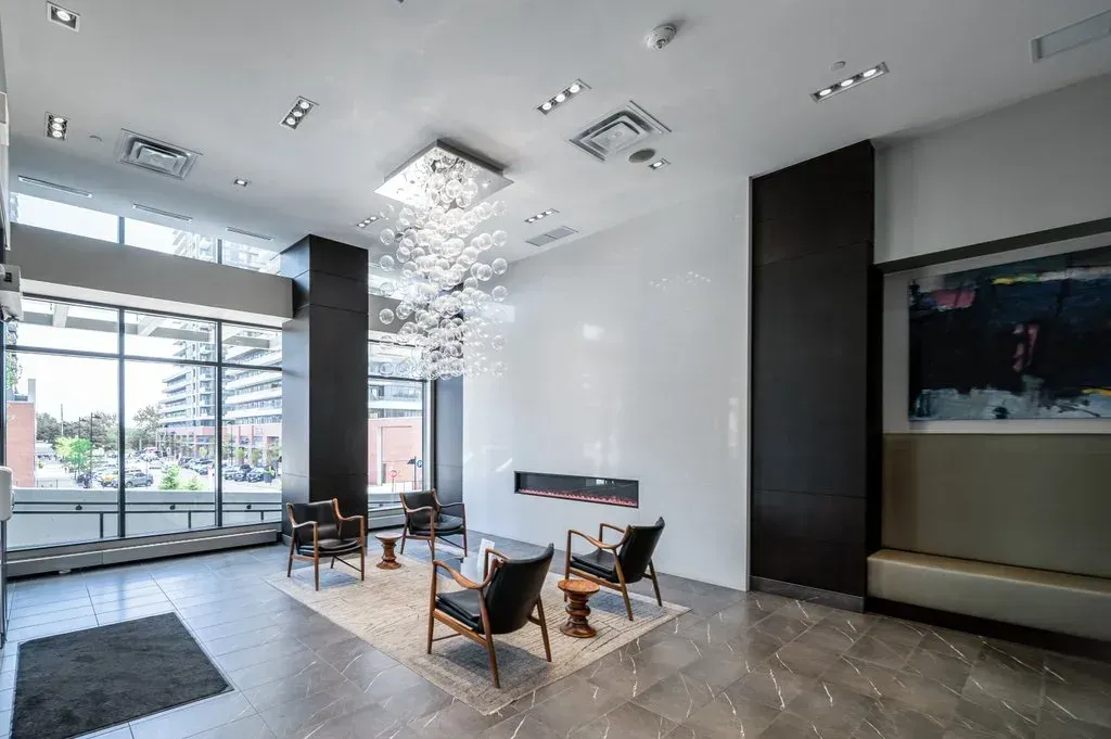 Sophisticated resident lounge at 10 Park Lawn Rd, Unit 3402 with designer seating.