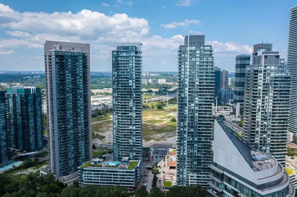 Aerial view of the modern high-rise architecture surrounding 10 Park Lawn Rd, Unit 3402.