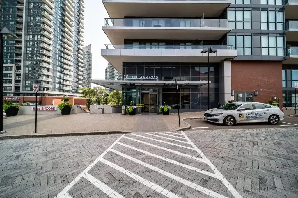 Grand driveway and main entrance of the Westlake Encore building at 10 Park Lawn Rd, Unit 3402.