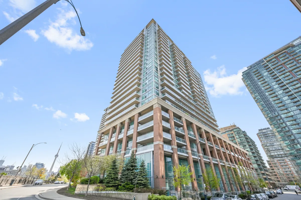Modern high-rise facade of Vibe Condos at 100 Western Battery Rd, Unit 1911 in the heart of Liberty Village.