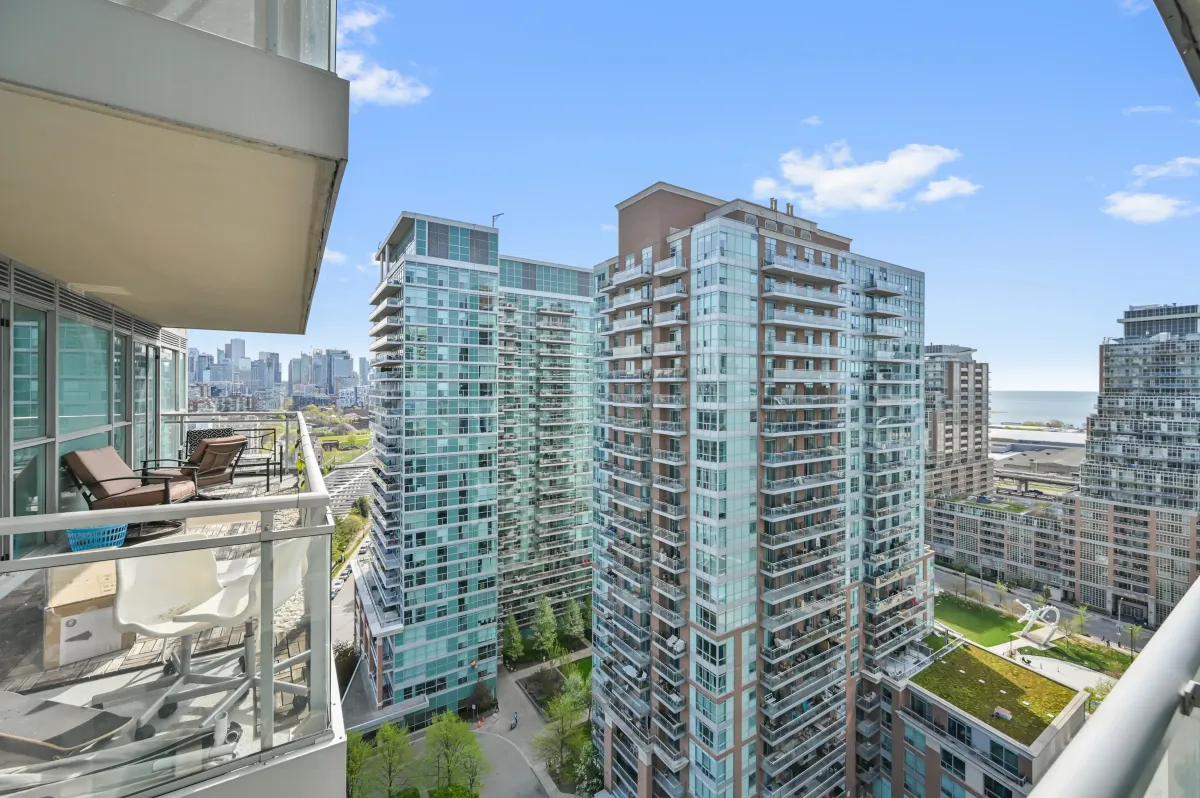 Panoramic urban view of surrounding high-rises from the balcony of 100 Western Battery Rd, Unit 1911.