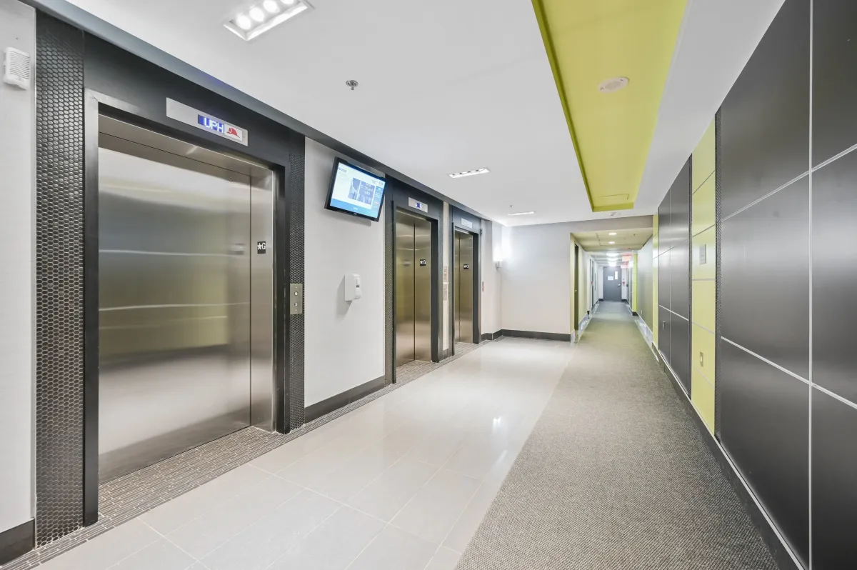 Modern and secure elevator lobby at the Vibe Condos, 100 Western Battery Rd, Unit 1911.