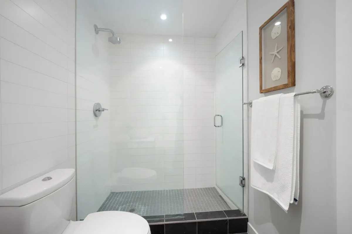 Walk-in glass shower with modern fixtures in the secondary bathroom at 75 Portland St #807.