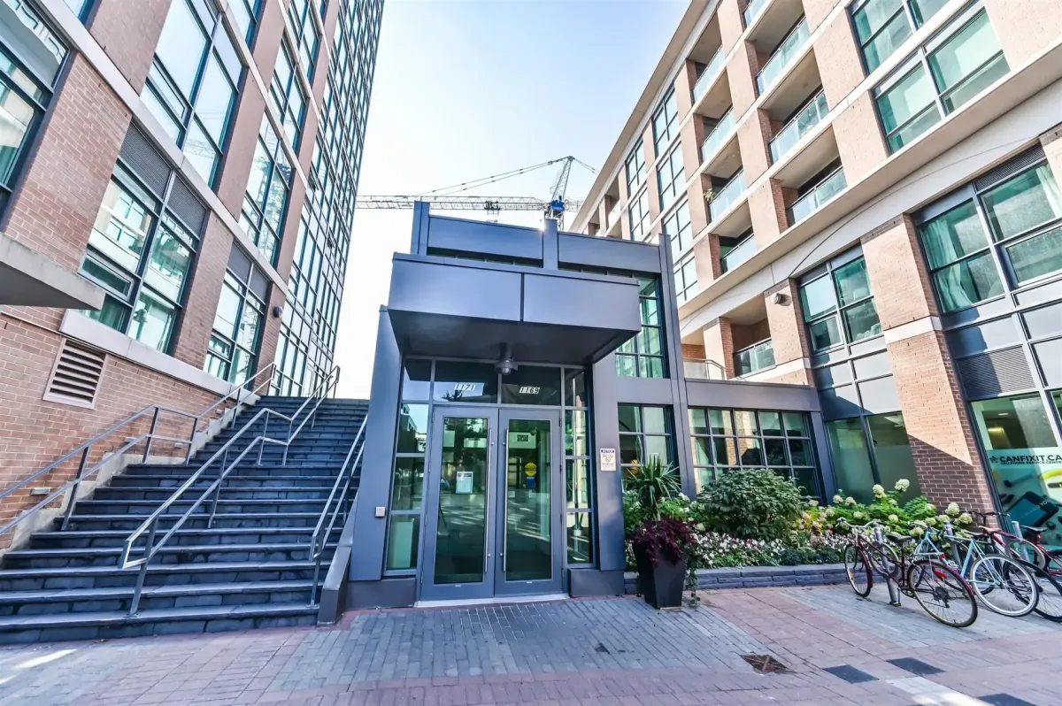 Modern secure entrance and lobby of the Bohemian Embassy at 1169 Queen St W, Unit N502.