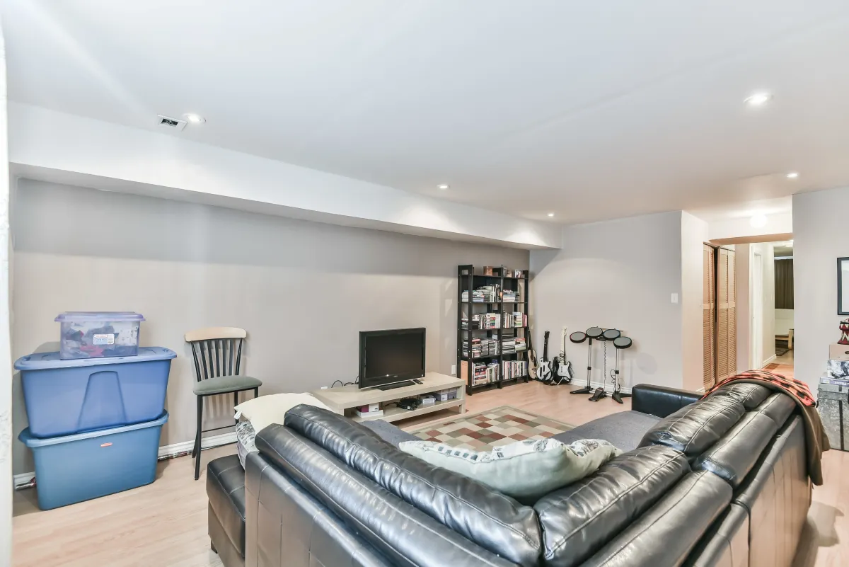 Full-height finished basement at 9 Algarve Cres, offering versatile extra living square footage for a home office.