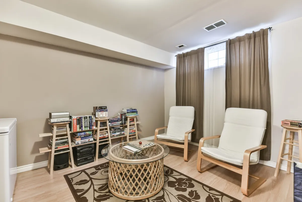 Quiet basement den at 9 Algarve Cres, the ideal quiet zone for a home office or guest retreat.