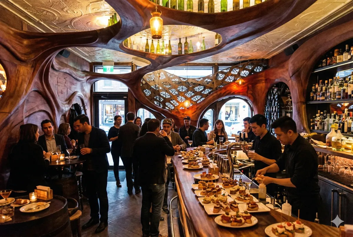 The award-winning mahogany interior of Bar Raval in Toronto, a 21-century reinterpretation of Spanish Art Nouveau designed by PARTISANS.