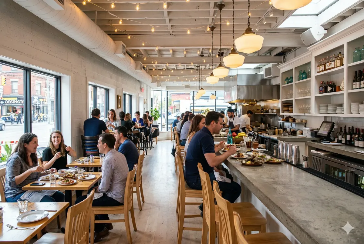The iconic white-washed interior of Mamakas Taverna on Ossington Avenue, a 2026 staple for modern Greek cuisine and polished Aegean hospitality in Toronto.