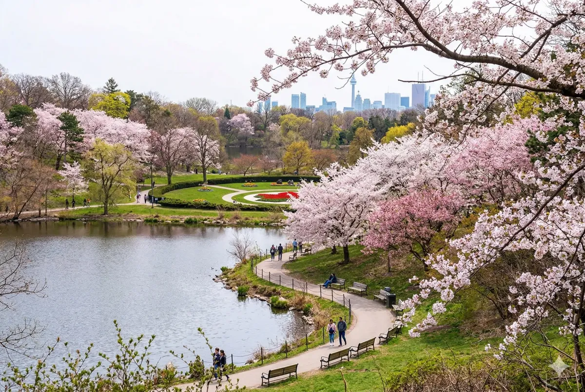 Cherry blossom trees in High Park, Toronto, in late March 2026, showing the "brown bud" stage of development ahead of the predicted late April peak bloom.