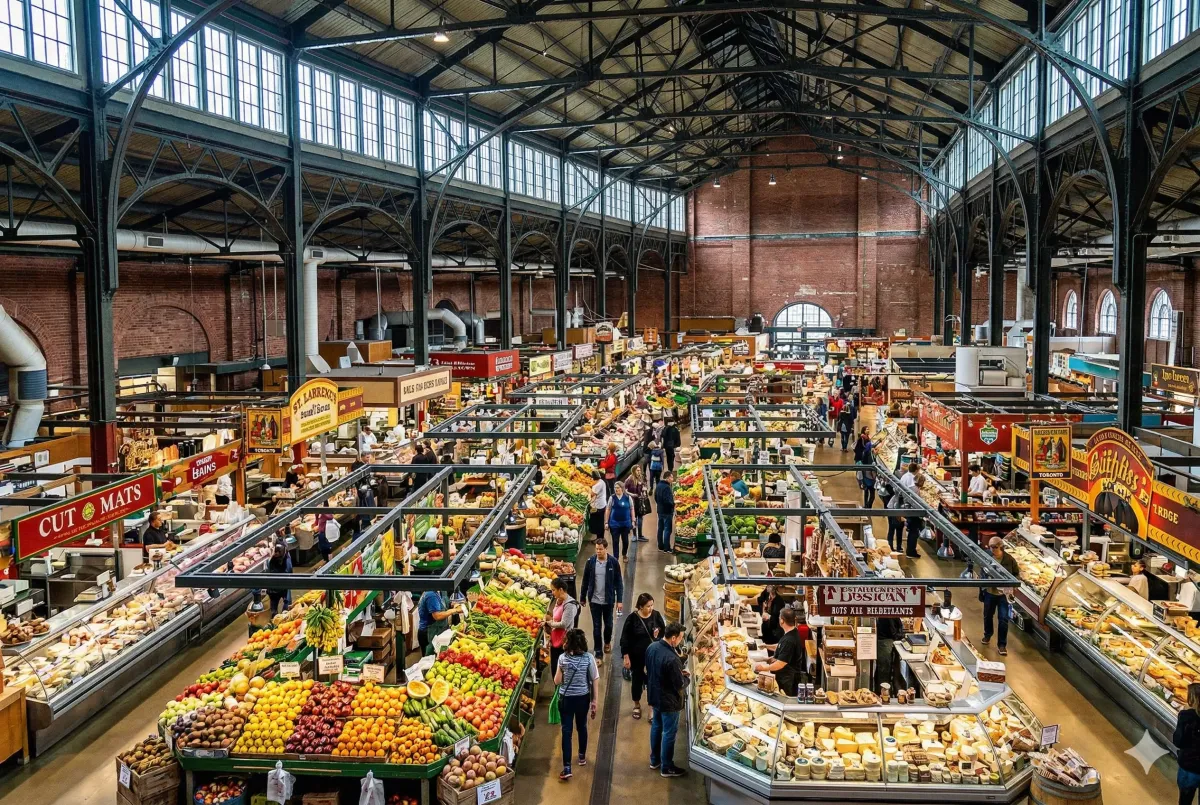 Specialized food stalls in the St. Lawrence South Market, featuring Kozlik's Canadian Mustard, Alex Farm Products cheeses, and Carousel Bakery—home of the world-famous peameal bacon sandwich