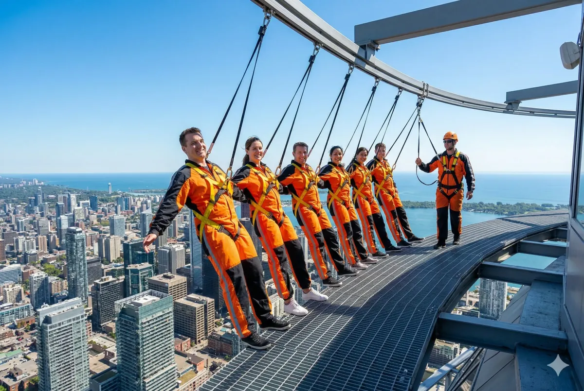 Thrill-seekers participating in the EdgeWalk at the CN Tower, the world’s highest full-circle hands-free walk, 356 meters above Toronto.