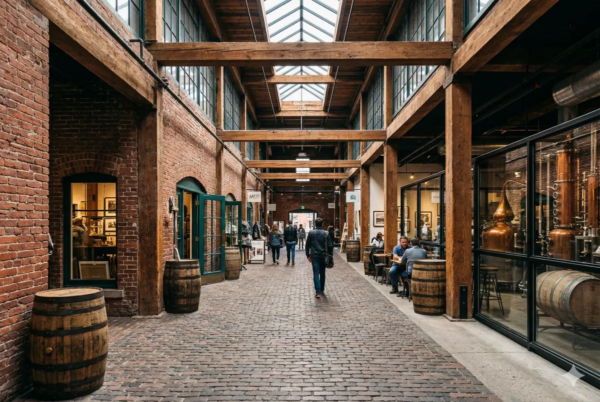 A spring walk through the cobblestone streets of Toronto’s Distillery District in March 2026, featuring the preserved 19th-century limestone and red-brick architecture.