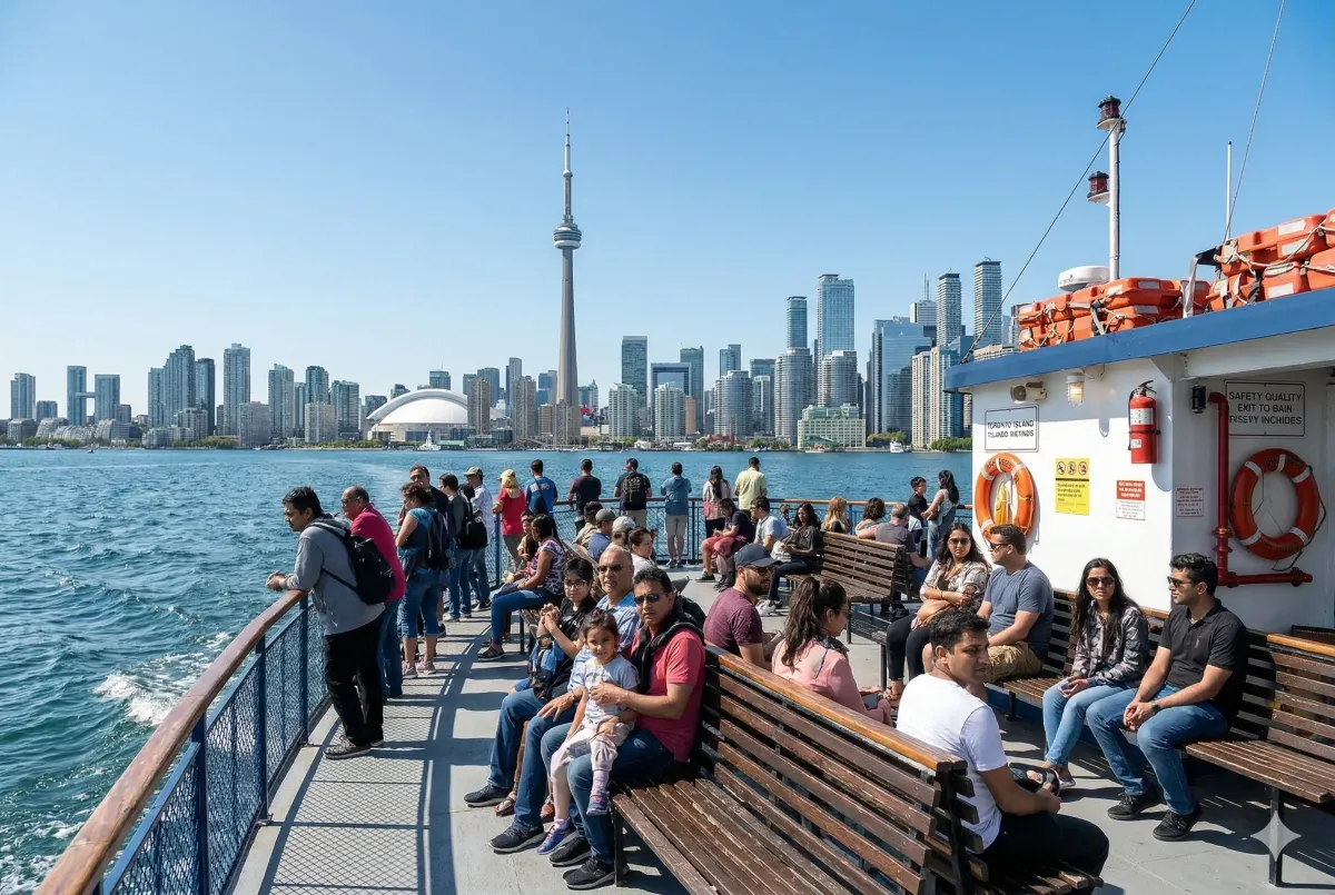 The Toronto Island ferry arriving at Ward’s Island in March 2026, the primary year-round route for commuters and spring hikers during the winter service schedule.