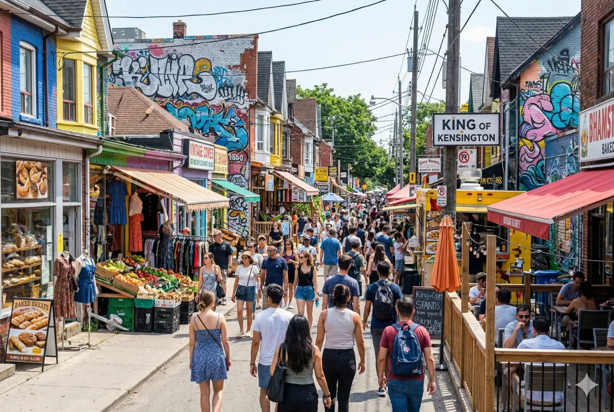 Victorian-era storefronts on Kensington Avenue, part of the new Kensington Market Heritage Conservation District (HCD) designated in 2025 to protect the area's unique architectural character.