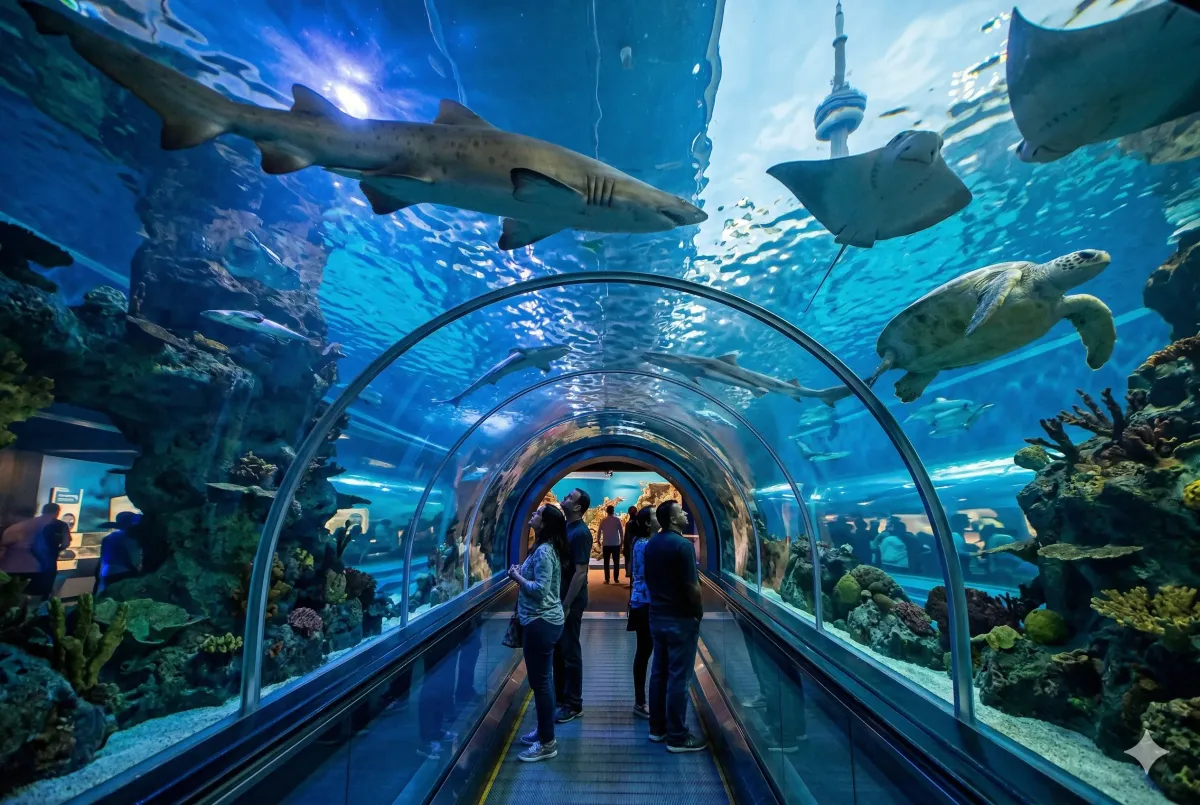 A Ripley's diver interacting with southern stingrays during the 2026 Ray Bay Dive Show, an educational highlight for Toronto tourists.