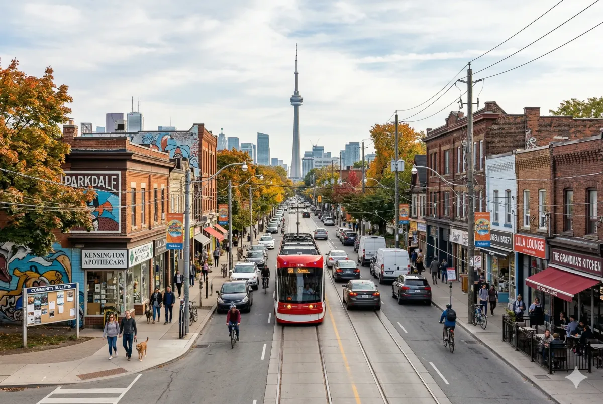 Historic Victorian homes and red-brick heritage storefronts along Queen Street West in the heart of Parkdale, Toronto.