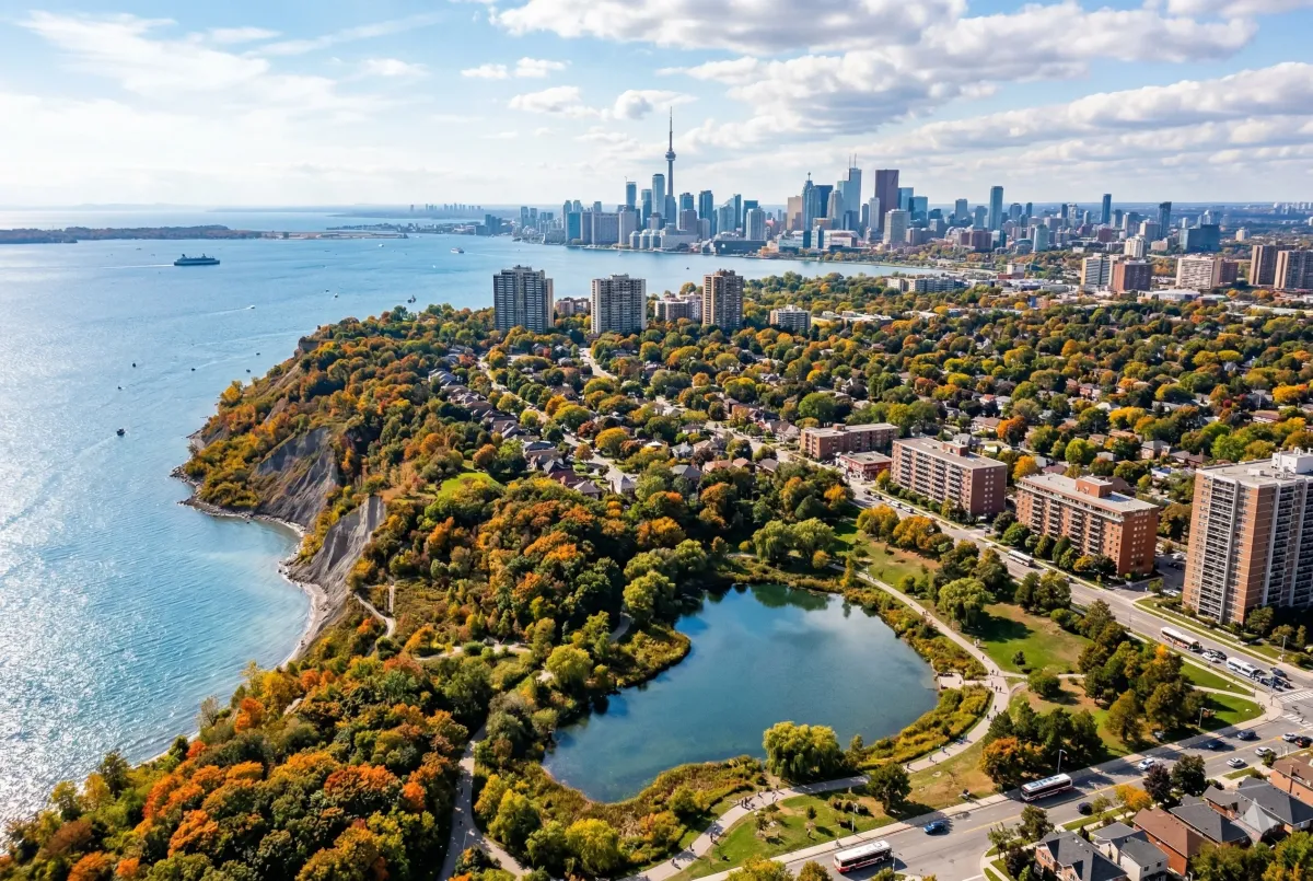 The towering clay cliffs of the Scarborough Bluffs at Bluffer's Park, featuring Lake Ontario views and the 2026 multi-use trail construction at Brimley Road South.