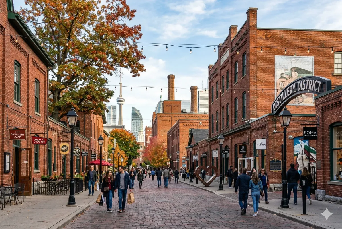 Preserved Victorian industrial architecture and cobblestone streets of the Distillery District, a National Historic Site and premier arts hub in Toronto.